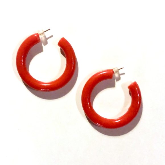 Vintage 80s Red Chunky Hoop Earrings - Picture 2 of 4